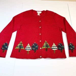 Christmas Trees Holiday Cardigan Sweater Coldwater Creek Large Beaded Red Black